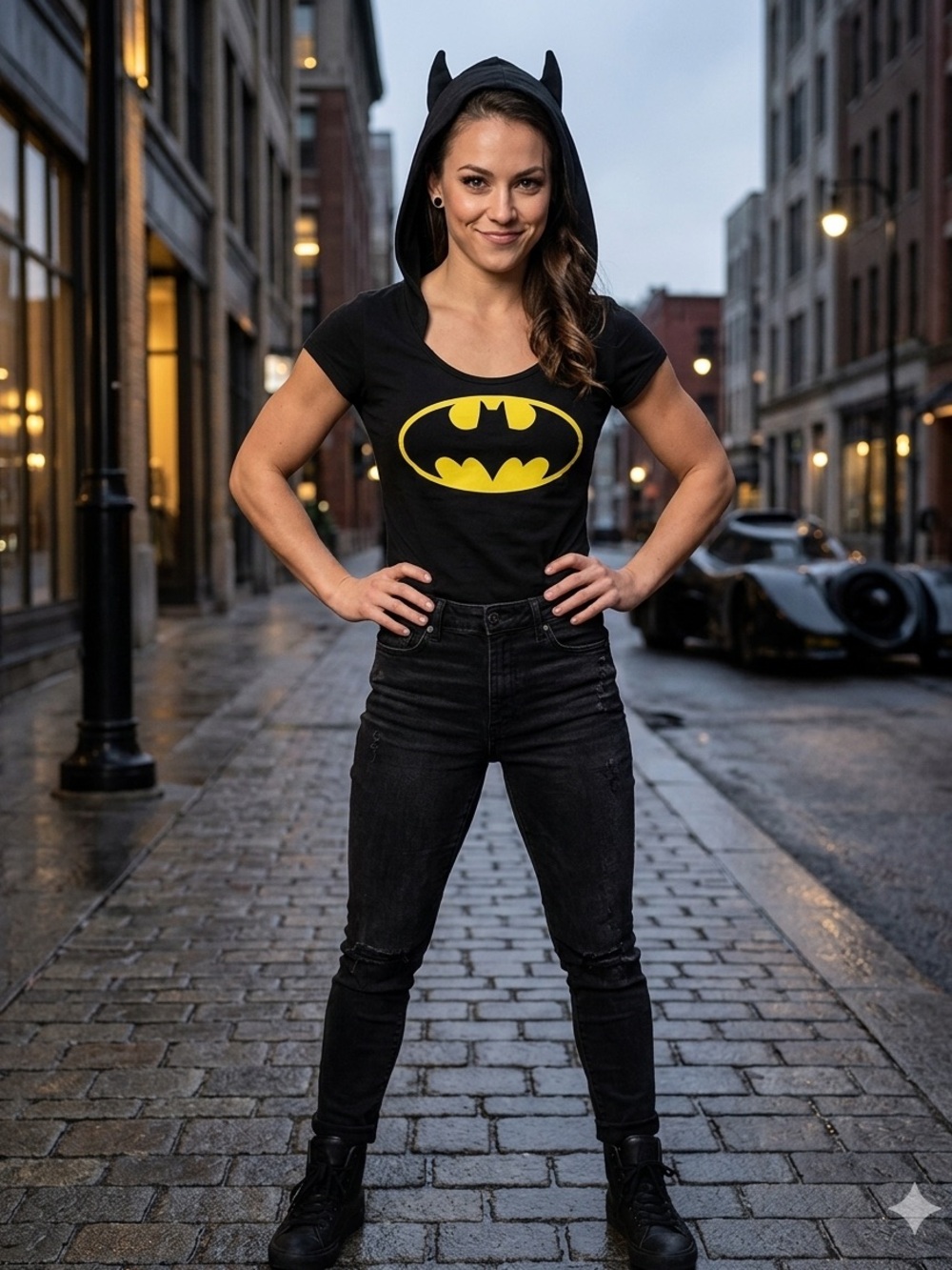 Batman 🦇 Black Hooded T-Shirt with Bat Ears – Women’s Short Sleeve Graphic Top🖤